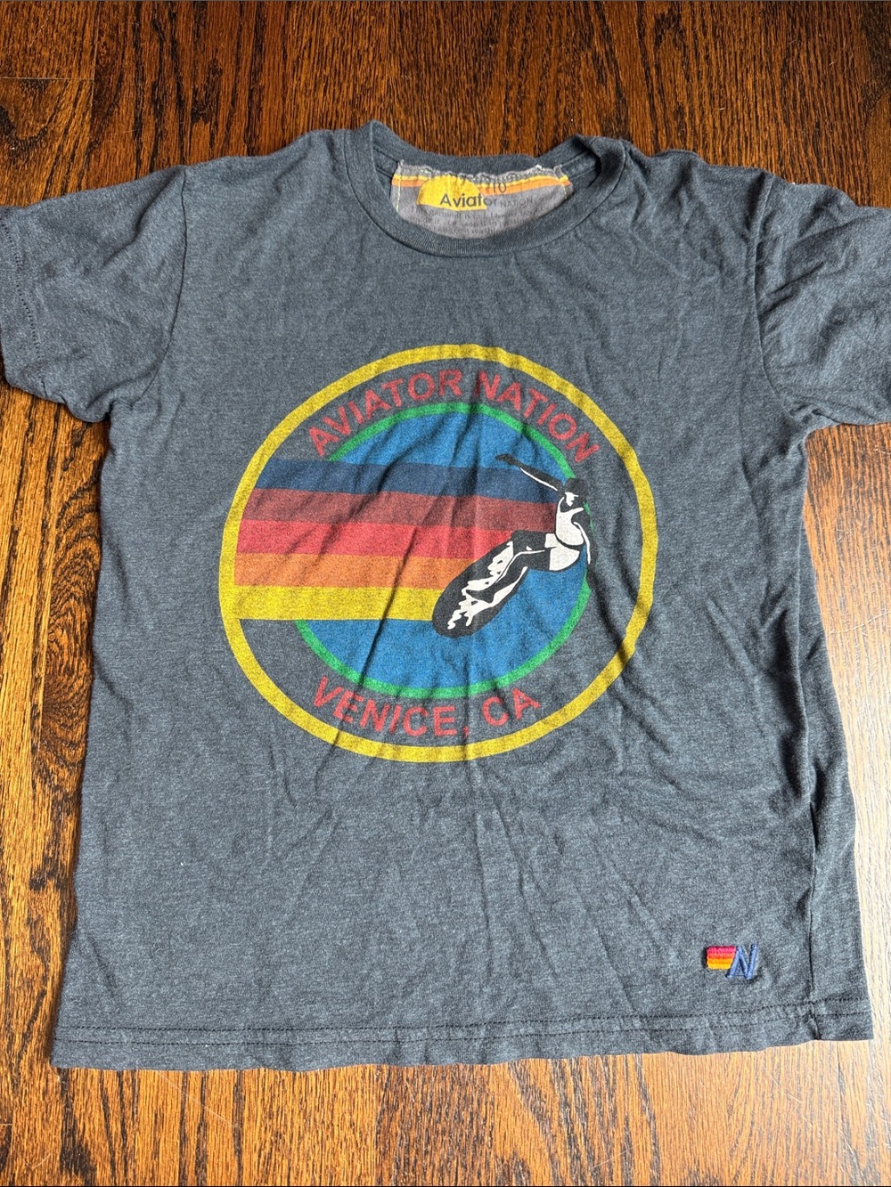 Aviator Nation Charcoal Tee with Yellow, Red, Blue & Green Graphic kids size 10